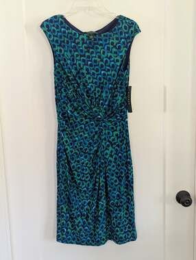 Lauren Ralph Lauren Twist Front Sheath Dress 10 Green Blue Abstract NWT Mod Chic